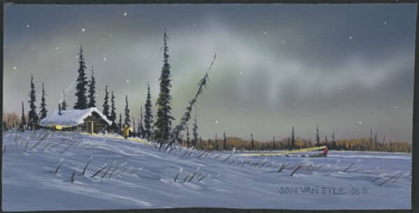 Musher in red parka, mushing by headlamp in the night in winter with dog sled and sled dog team drives his team home to log cabin in winter with snow on roof of cabin and on ground. Spruce forest and hills in the background. Person in yellow parka holds lantern welcoming him home. Northern lights and stars are seen in the clear night sky.