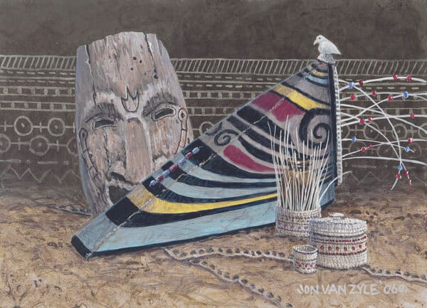 Native Art. Still life with three different size grass woven basket, with bead, one unfinished with grass sticking out of it. Behind basket, is hat, with totem design and sea gull bird on top. Behind hat, is wood mask of laughing person, with carving on cheek and between eyebrow. In background is native design.