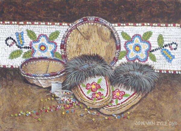 Native Art. Still life including a pair of beaded moccasin with flower design and fur ruff,  two birch wood bowl with beaded rim, one on ground, one tipped to viewer, bowl of bead spilled out on table and needle and spool of thread, with beaded flower sash or belt behind everything, serving as a banner.