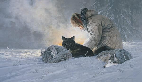 Firelit Musher. Musher wearing fur hat and parka, kneeling in snow, tending to fire, with three sled dogs lying around him, one sleeping, one eyes open, the other staring at viewer, with spruce forest seen through smoke in fire at night in winter.