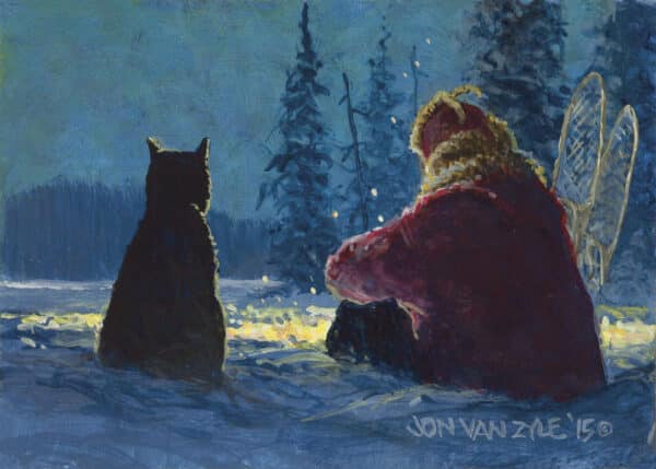 Musher wearing red parka and red fur hat sitting with sled dog and back towards viewer at campfire in snow, with two snowhoe planted in snow behind fire, and spruce tree forest.