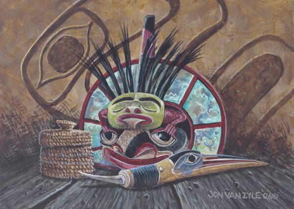 horizontal; native art; tlingit; basket; totem design; tool; mask; native alaskan; still life; native art