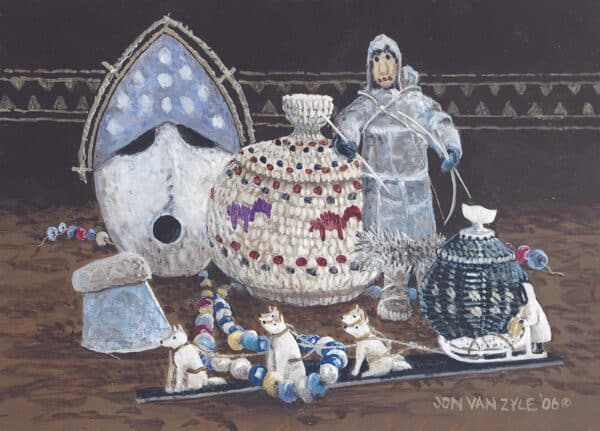 Native Art. Still life including a pair of beaded moccasin with flower design and fur ruff,  two birch wood bowl with beaded rim, one on ground, one tipped to viewer, bowl of bead spilled out on table and needle and spool of thread, with beaded flower sash or belt behind everything, serving as a banner.